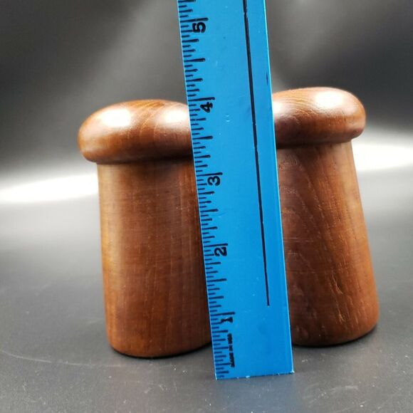 Vintage Wood Mushroom Salt And Pepper Shakers Large Carved Teak Stovetop 4" MCM - Picture 6 of 9